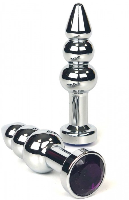 Серебристая коническая анальная пробка-ёлочка с фиолетовым кристаллом - 11 см. - Vandersex - купить с доставкой в Москве