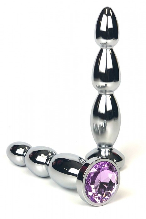 Серебристая удлиненная анальная пробка-ёлочка с сиреневым кристаллом - 12 см. - Vandersex - купить с доставкой в Москве