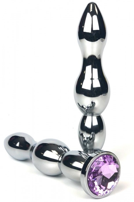 Серебристая коническая анальная пробка-ёлочка с сиреневым кристаллом - 12 см. - Vandersex - купить с доставкой в Москве