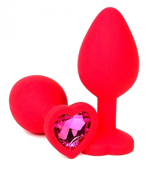 Красная силиконовая анальная пробка с розовым стразом-сердцем - 10,5 см. - Vandersex - купить с доставкой в Москве