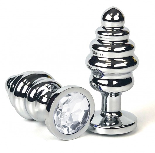 Серебристая ребристая анальная пробка с прозрачным кристаллом - 6 см. - Vandersex - купить с доставкой в Москве