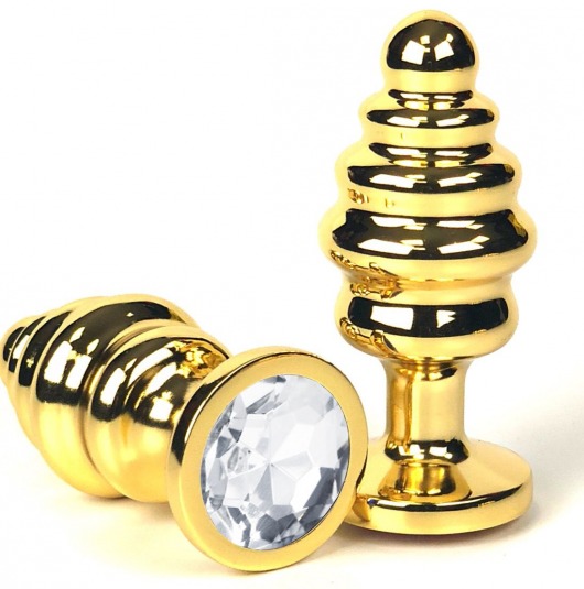 Золотистая ребристая анальная пробка с прозрачным кристаллом - 7 см. - Vandersex - купить с доставкой в Москве