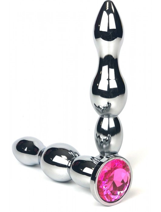 Серебристая коническая анальная пробка-ёлочка с розовым кристаллом - 12 см. - Vandersex - купить с доставкой в Москве