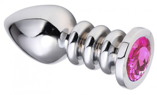 Серебристая анальная пробка на рельефной ножке с розовым кристаллом - 9 см. - Vandersex - купить с доставкой в Москве