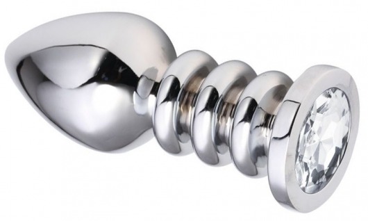 Серебристая анальная пробка на рельефной ножке с прозрачным кристаллом - 9 см. - Vandersex - купить с доставкой в Москве