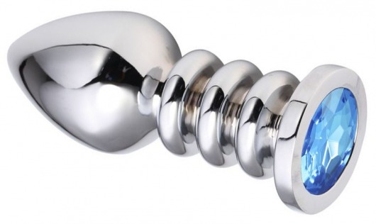 Серебристая анальная пробка на рельефной ножке с голубым кристаллом - 9 см. - Vandersex - купить с доставкой в Москве