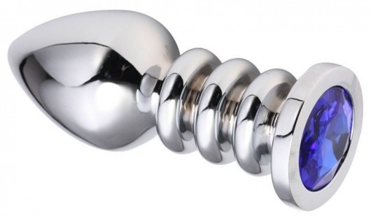 Серебристая анальная пробка на рельефной ножке с синим кристаллом - 9 см. - Vandersex - купить с доставкой в Москве