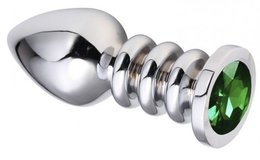 Серебристая анальная пробка на рельефной ножке с зеленым кристаллом - 9 см. - Vandersex - купить с доставкой в Москве