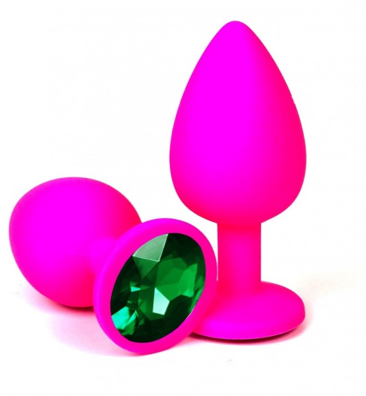 Розовая силиконовая анальная пробка с зеленым стразом - 9,2 см. - Vandersex - купить с доставкой в Москве