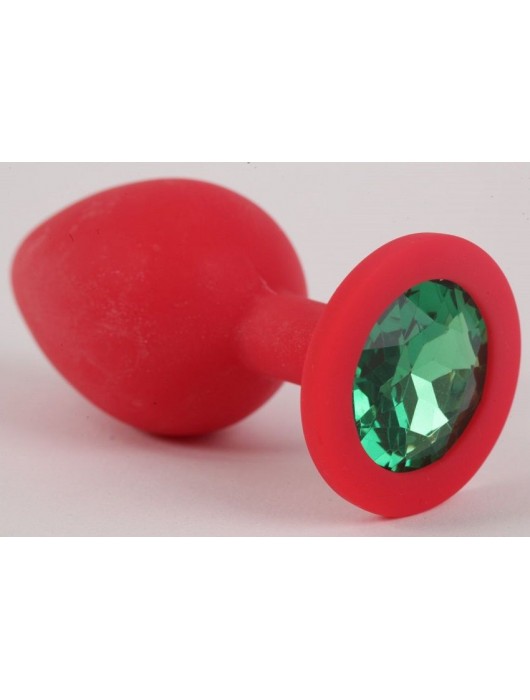 Красная силиконовая анальная пробка с зеленым стразом - 8 см. - Vandersex - купить с доставкой в Москве