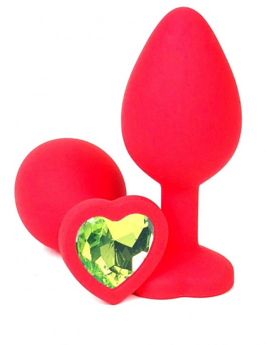 Красная силиконовая анальная пробка с лаймовым стразом-сердцем - 8 см. - Vandersex - купить с доставкой в Москве