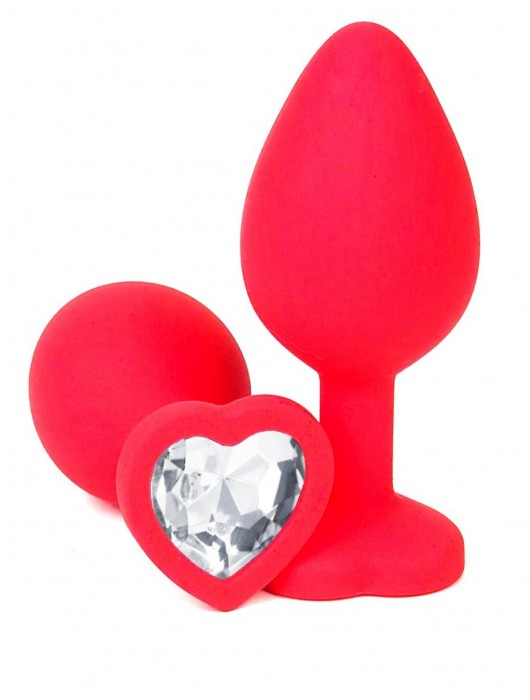 Красная силиконовая анальная пробка с прозрачным стразом-сердцем - 8 см. - Vandersex - купить с доставкой в Москве