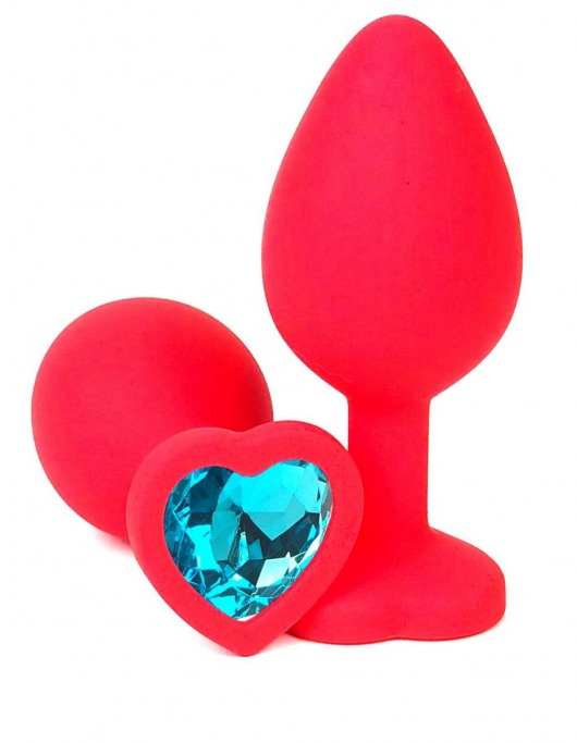 Красная силиконовая анальная пробка с голубым стразом-сердцем - 8,5 см. - Vandersex - купить с доставкой в Москве
