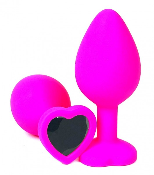 Розовая силиконовая пробка с черным кристаллом-сердцем - 8 см. - Vandersex - купить с доставкой в Москве