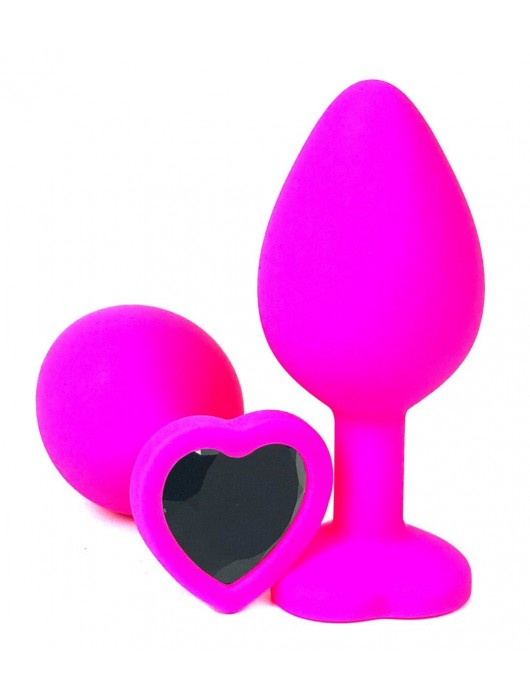 Розовая силиконовая пробка с черным кристаллом-сердцем - 8,5 см. - Vandersex - купить с доставкой в Москве