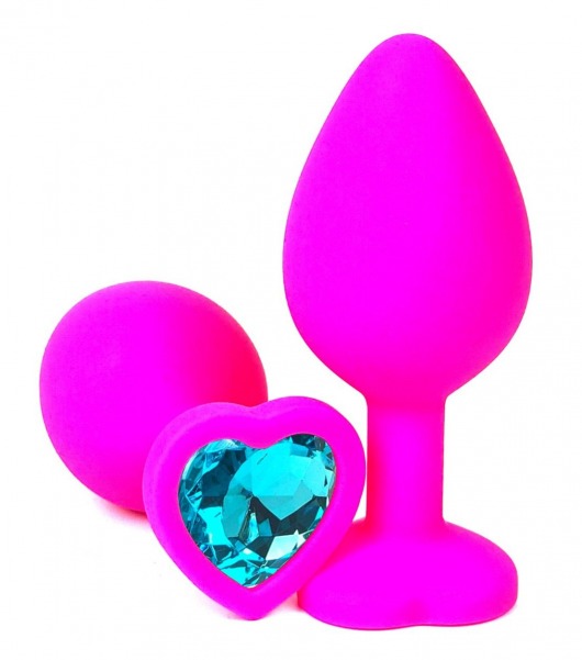 Розовая силиконовая пробка с голубым кристаллом-сердечком - 8 см. - Vandersex - купить с доставкой в Москве
