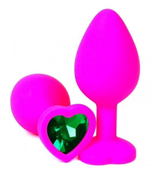 Розовая силиконовая пробка с зеленым кристаллом-сердцем - 8 см. - Vandersex - купить с доставкой в Москве