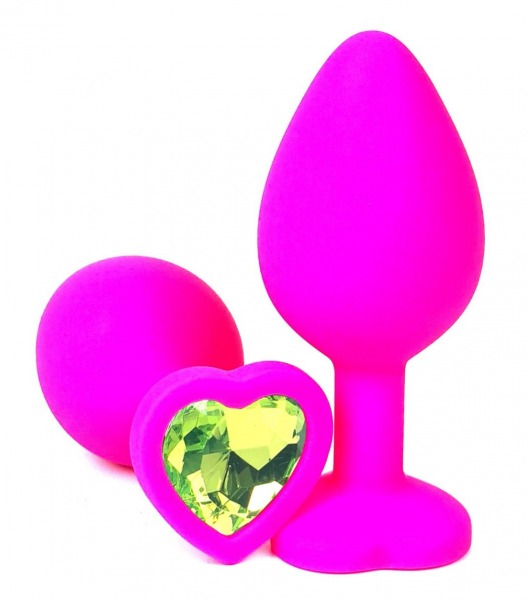 Розовая силиконовая пробка с лаймовым кристаллом-сердцем - 10,5 см. - Vandersex - купить с доставкой в Москве