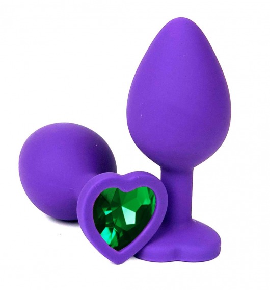 Фиолетовая силиконовая анальная пробка с зеленым стразом-сердцем - 8 см. - Vandersex - купить с доставкой в Москве