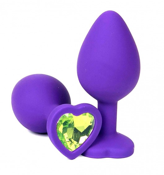 Фиолетовая силиконовая анальная пробка с лаймовым стразом-сердцем - 8 см. - Vandersex - купить с доставкой в Москве