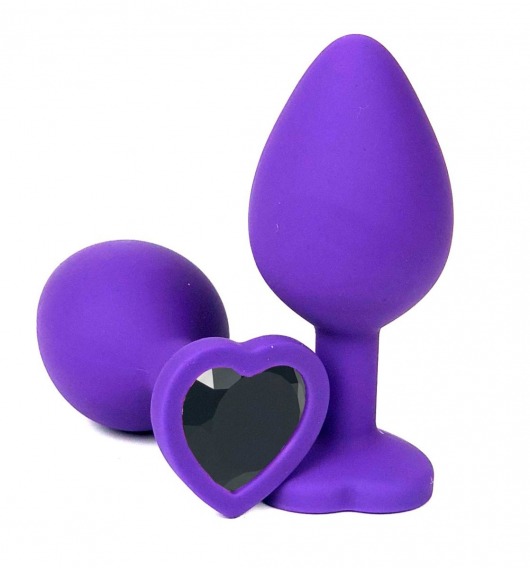 Фиолетовая силиконовая анальная пробка с черным стразом-сердцем - 8 см. - Vandersex - купить с доставкой в Москве