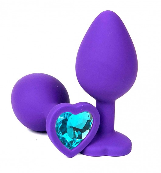 Фиолетовая силиконовая анальная пробка с голубым стразом-сердцем - 8,5 см. - Vandersex - купить с доставкой в Москве