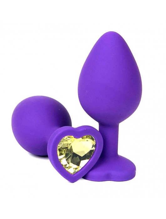 Фиолетовая силиконовая анальная пробка с желтым стразом-сердцем - 10,5 см. - Vandersex - купить с доставкой в Москве