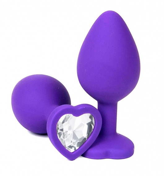 Фиолетовая силиконовая анальная пробка с прозрачным стразом-сердцем - 8,5 см. - Vandersex - купить с доставкой в Москве