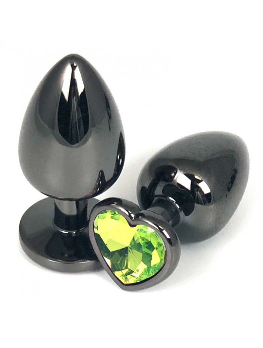 Черная металлическая анальная пробка с лаймовым стразом-сердечком - 7,5 см. - Vandersex - купить с доставкой в Москве