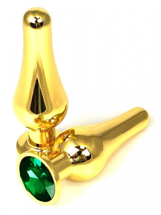 Золотистая удлиненная анальная пробка с зеленым кристаллом - 9 см. - Vandersex - купить с доставкой в Москве