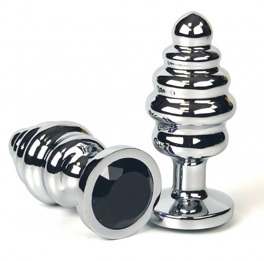 Серебристая ребристая анальная пробка с черным кристаллом - 6 см. - Vandersex - купить с доставкой в Москве
