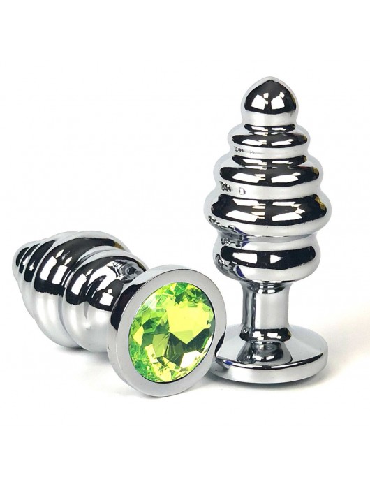 Серебристая ребристая анальная пробка с лаймовым кристаллом - 6 см. - Vandersex - купить с доставкой в Москве