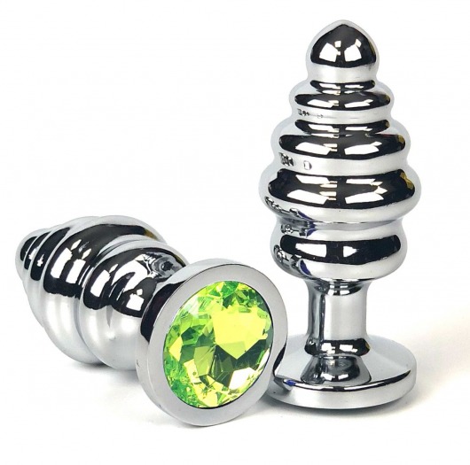 Серебристая ребристая анальная пробка с лаймовым кристаллом - 7 см. - Vandersex - купить с доставкой в Москве