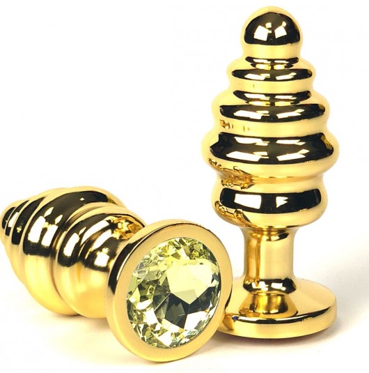 Золотистая ребристая анальная пробка с желтым кристаллом - 6 см. - Vandersex - купить с доставкой в Москве