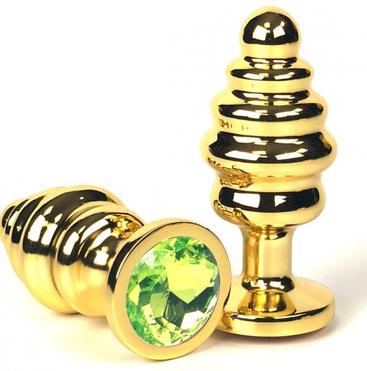 Золотистая ребристая анальная пробка с лаймовым кристаллом - 7 см. - Vandersex - купить с доставкой в Москве