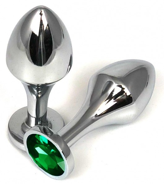 Серебристая анальная пробка на удлиненной ножке с зеленым кристаллом - 9 см. - Vandersex - купить с доставкой в Москве