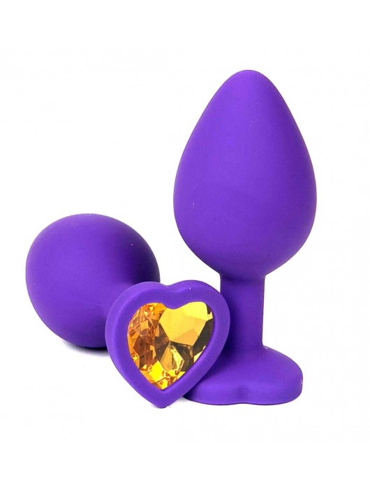 Фиолетовая силиконовая анальная пробка с оранжевым стразом-сердцем - 8 см. - Vandersex - купить с доставкой в Москве