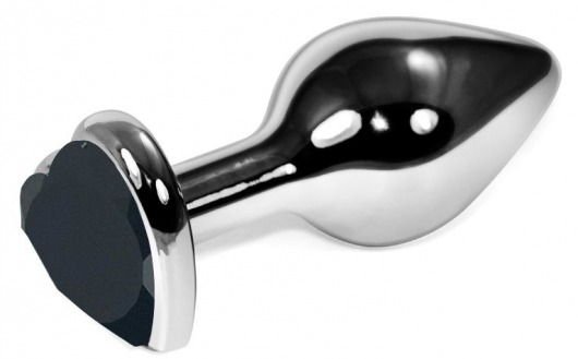 Серебристая анальная пробка с черным кристаллом-сердцем - 9 см. - Vandersex - купить с доставкой в Москве