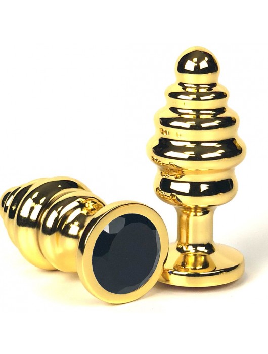 Золотистая ребристая анальная пробка с черным кристаллом - 6 см. - Vandersex - купить с доставкой в Москве
