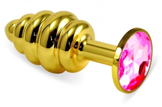 Золотистая ребристая анальная пробка с малиновым кристаллом - 8 см. - Vandersex - купить с доставкой в Москве