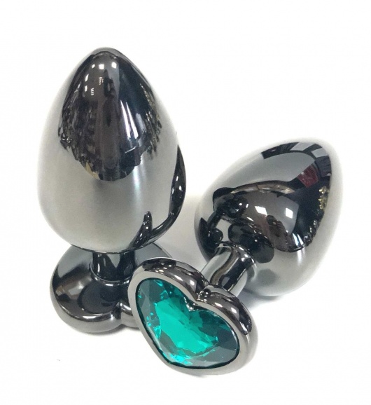 Черная металлическая анальная пробка с зеленым стразом-сердечком - 9 см. - Vandersex - купить с доставкой в Москве