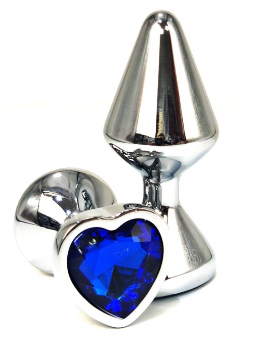 Серебристая анальная пробка с синим кристаллом-сердцем - 8 см. - Vandersex - купить с доставкой в Москве