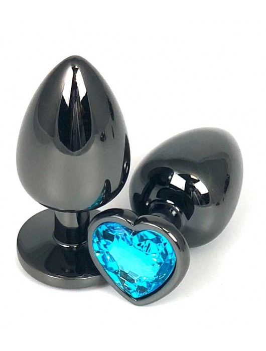 Черная металлическая анальная пробка с голубым стразом-сердечком - 7,5 см. - Vandersex - купить с доставкой в Москве