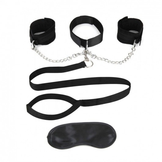 Чёрный ошейник с наручниками и поводком Collar Cuffs   Leash Set - Lux Fetish - купить с доставкой в Москве