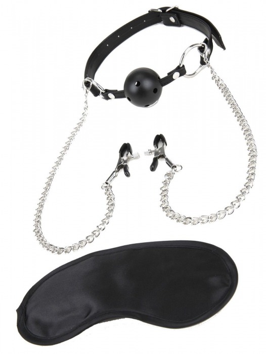 Чёрный кляп-шар с зажимами для сосков - Lux Fetish - купить с доставкой в Москве