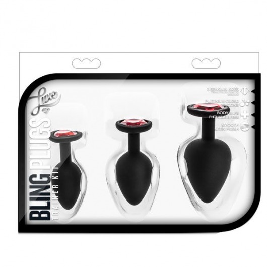Набор черных анальных пробок с красным кристаллом-сердечком Bling Plugs Training Kit - Blush Novelties - купить с доставкой в Москве