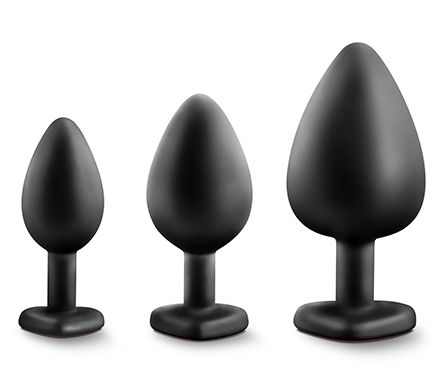 Набор черных анальных пробок с красным кристаллом-сердечком Bling Plugs Training Kit - Blush Novelties - купить с доставкой в Москве