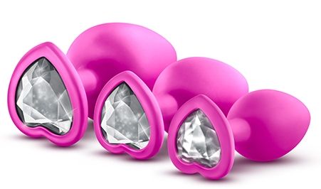 Набор розовых анальных пробок с прозрачным кристаллом-сердечком Bling Plugs Training Kit - Blush Novelties - купить с доставкой в Москве