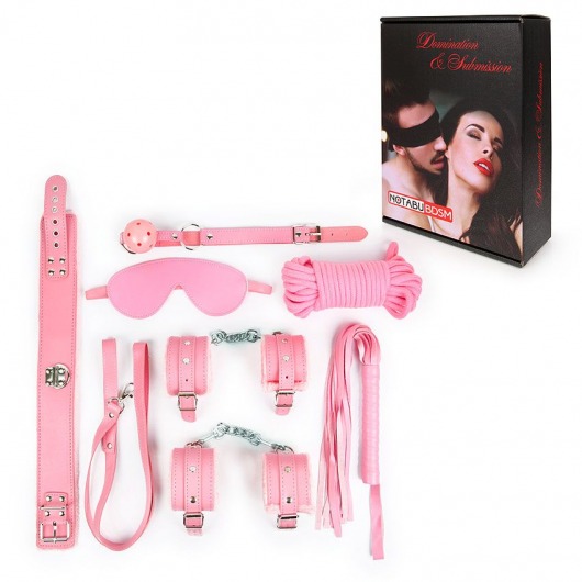 Оригинальный розовый набор БДСМ: маска, кляп, верёвка, плётка, ошейник, наручники, оковы - Bior toys - купить с доставкой в Москве