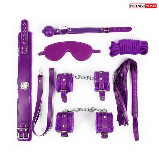 Большой набор БДСМ в фиолетовом цвете: маска, кляп, плётка, ошейник, наручники, оковы, верёвка - Bior toys - купить с доставкой в Москве